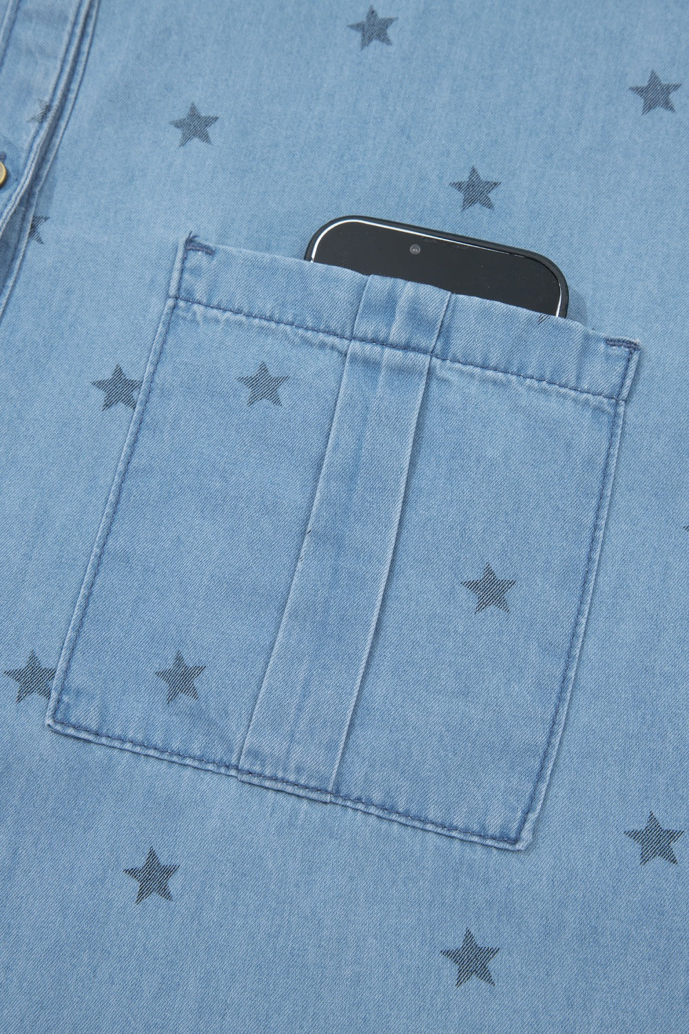 Short sleeve denim shirt styled on model