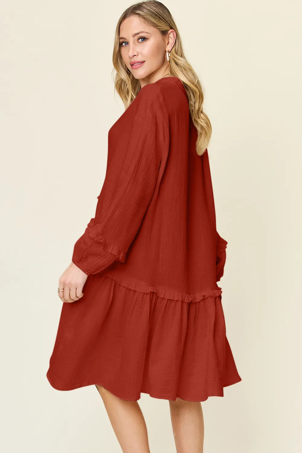 Half button ruffle trim dress side view