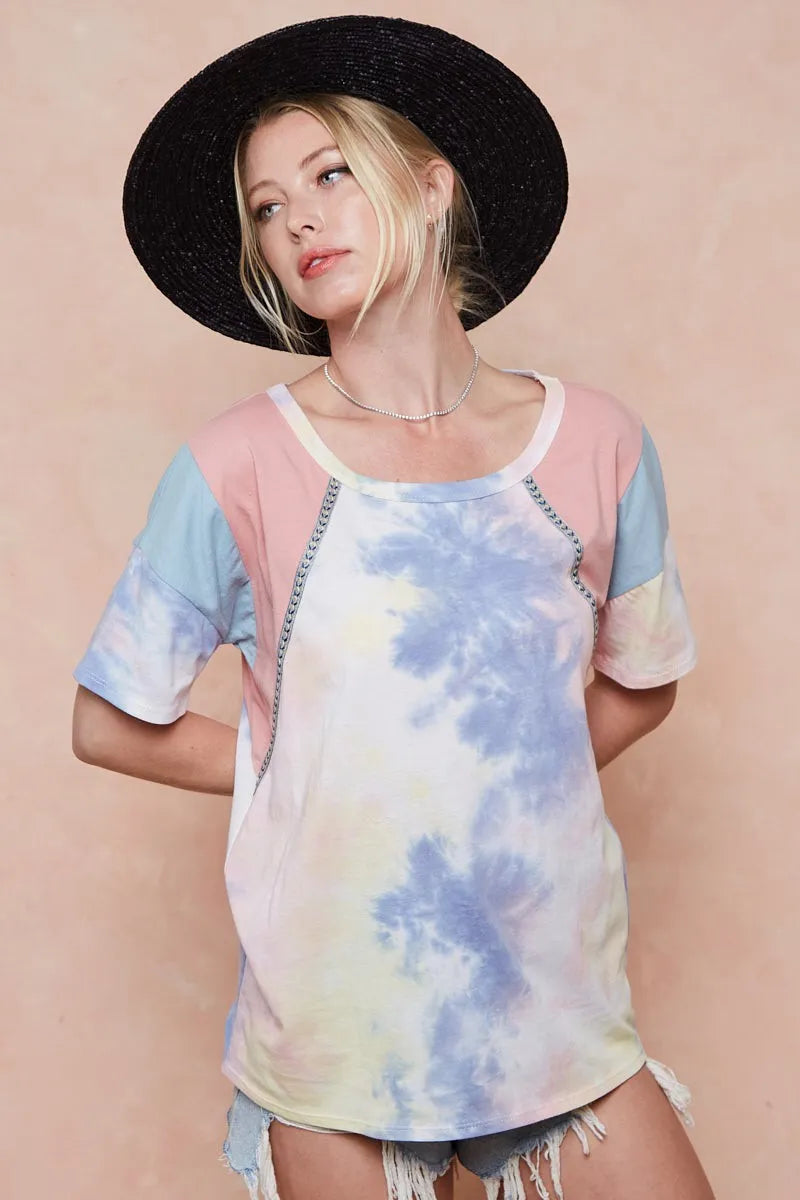 Color block tie dye top showing print detail