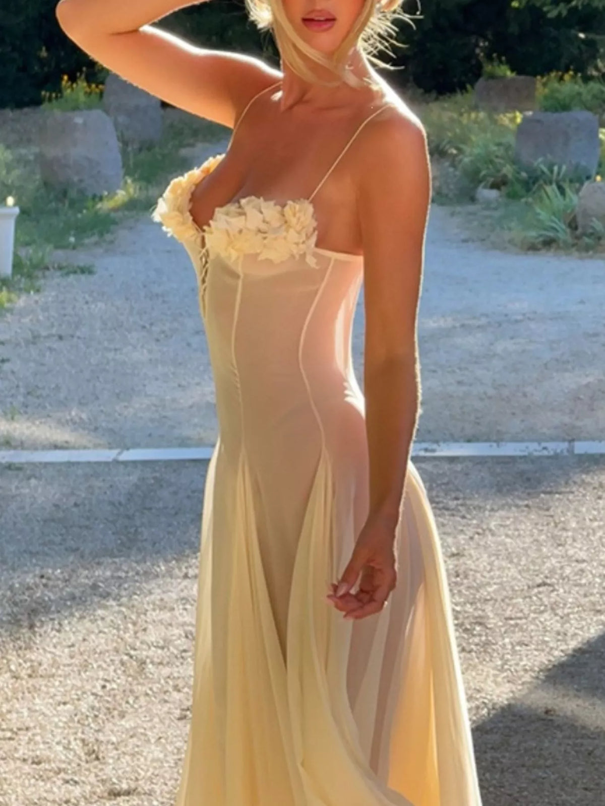 Yellow floral embellished dress with spaghetti straps