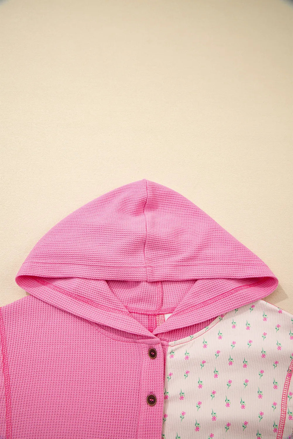 Color Block Button Detail Hoodie - Fashorio