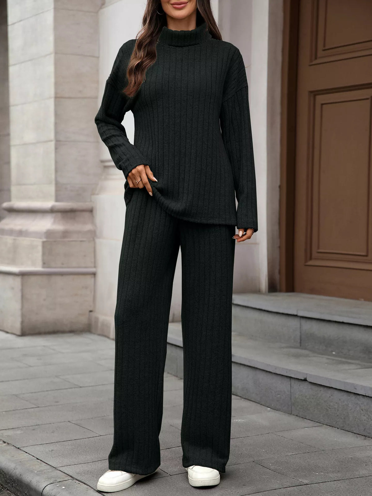 Ribbed turtleneck top and pants set flat lay view