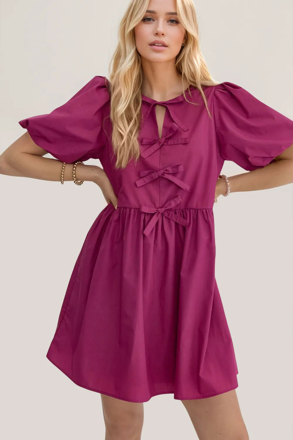 Cerise pink mini dress puff sleeve detail