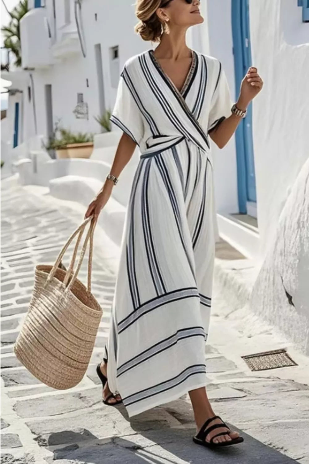 striped wrap half sleeve maxi dress front view