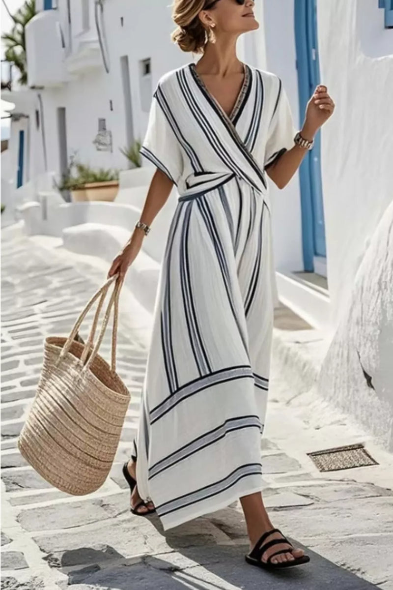 striped wrap half sleeve maxi dress front view