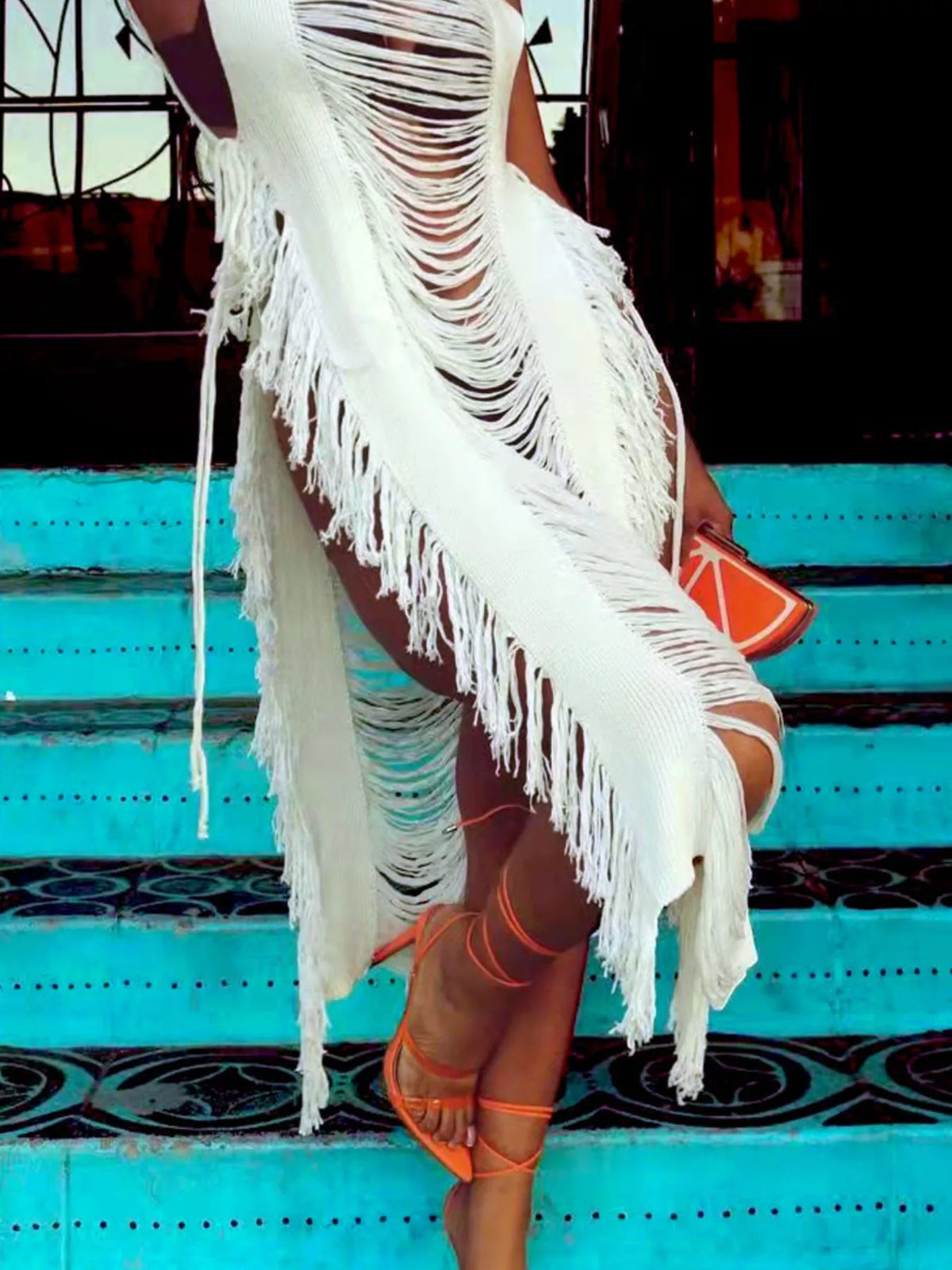 White fringe split square neck midi dress side view
