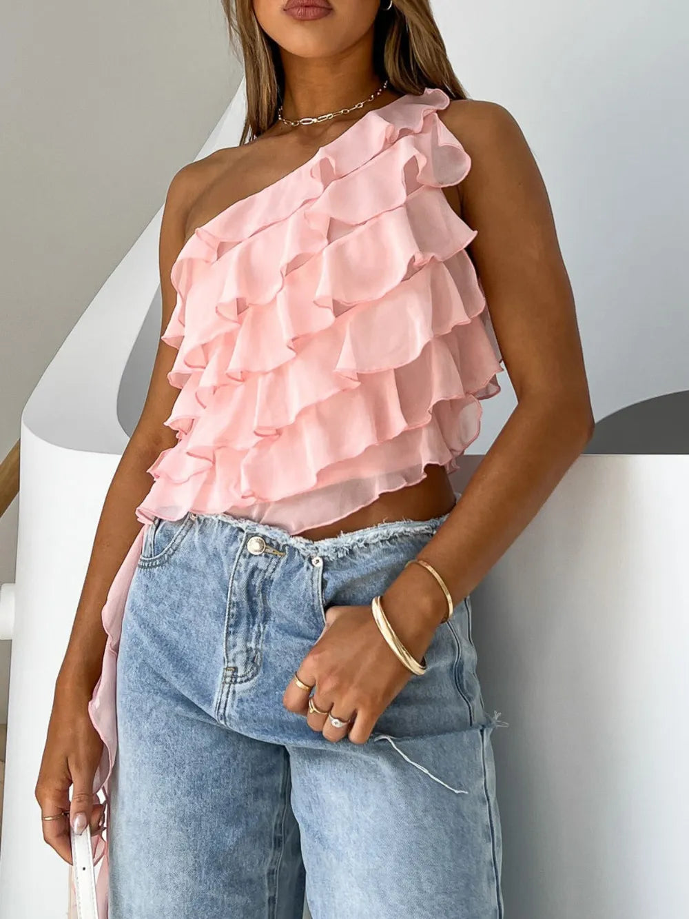 Womens ruffled one shoulder tank top back view