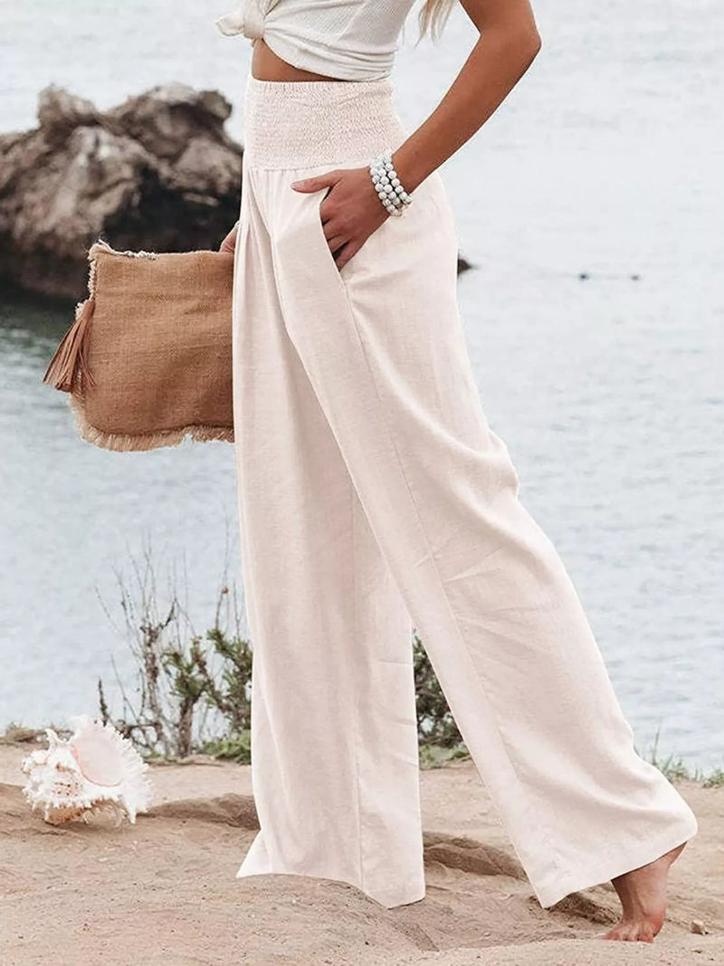 Smocked high waisted wide leg pants front view