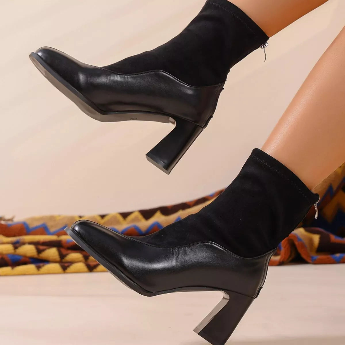 Square toe block heel boots angled three quarter view