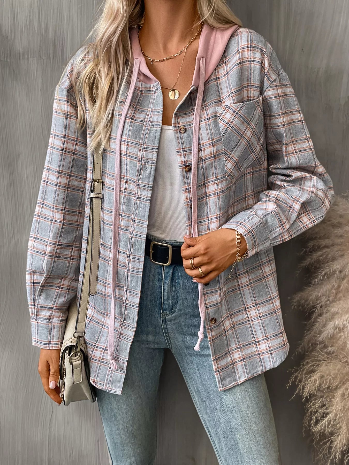 Plaid Button-Up Hooded Shirt - Fashorio