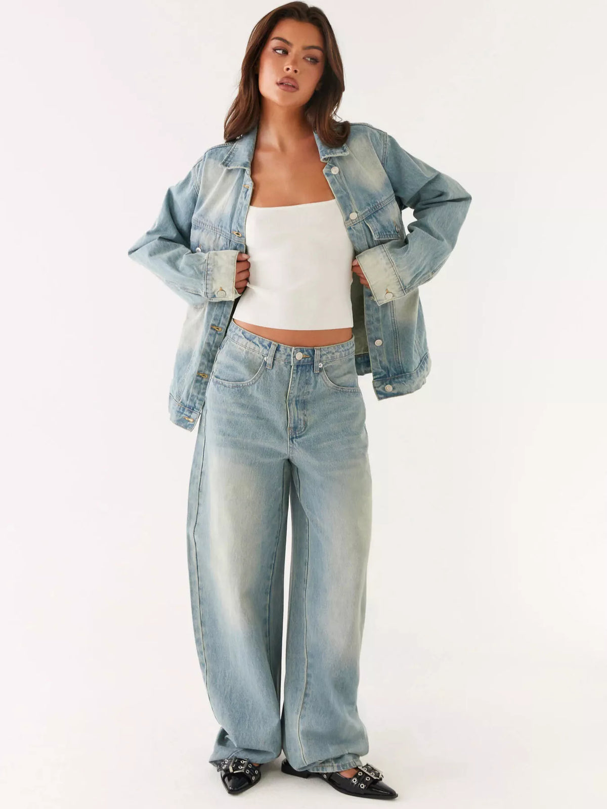 Denim jacket and matching jeans coordinated set styled