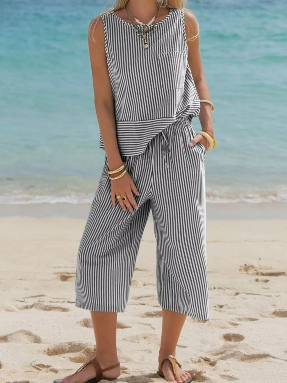 Coordinated striped cropped set styled outfit