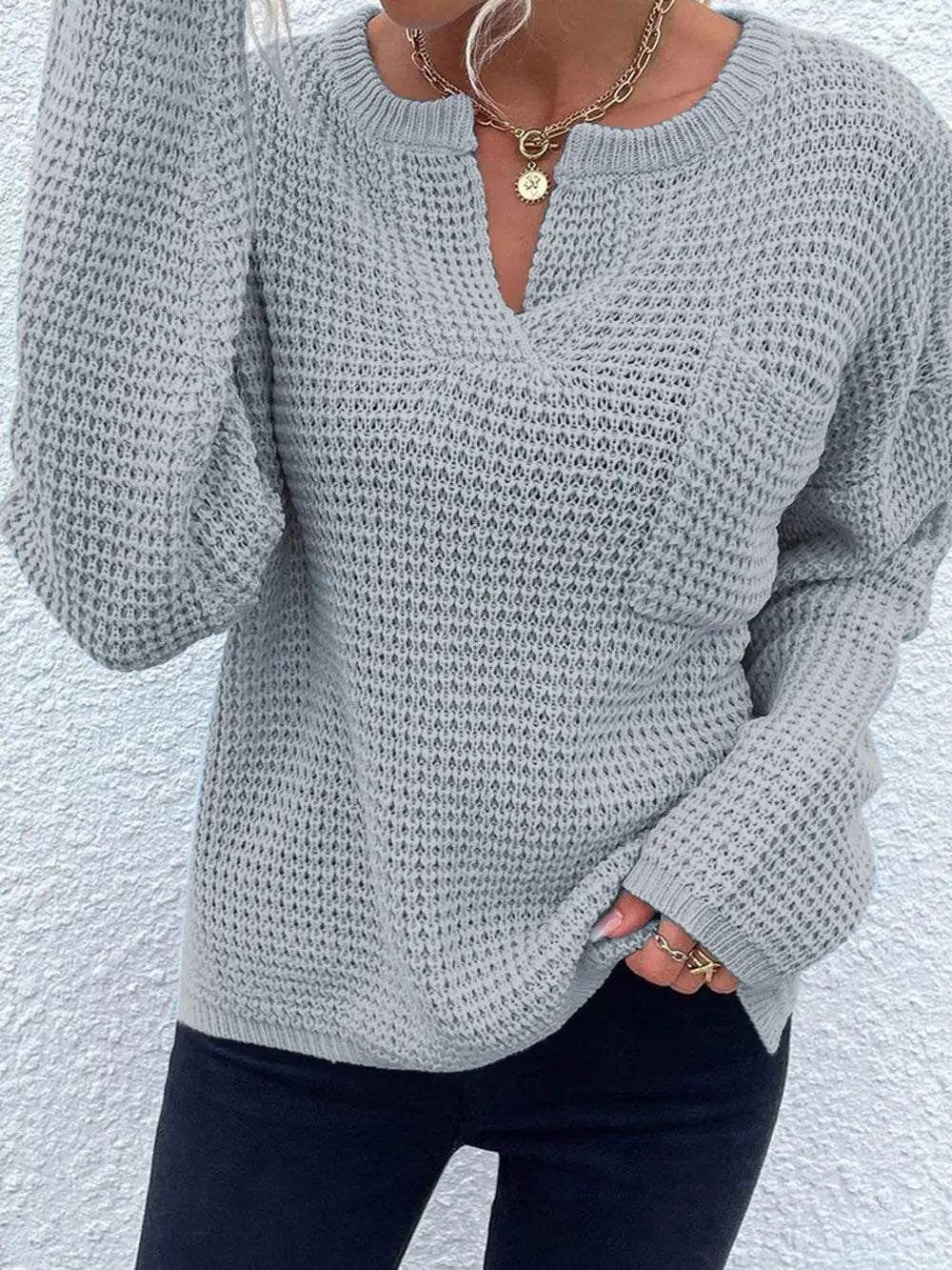 Notched Long Sleeve Sweater - Fashorio