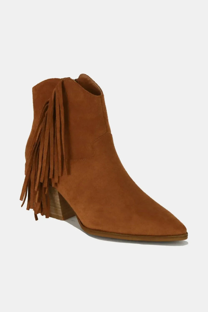 Suede fringe point toe ankle boots side profile