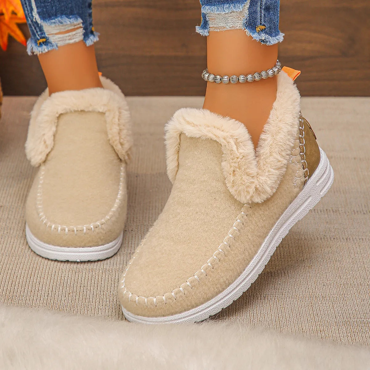 Fleece lined round toe ankle boots angled view