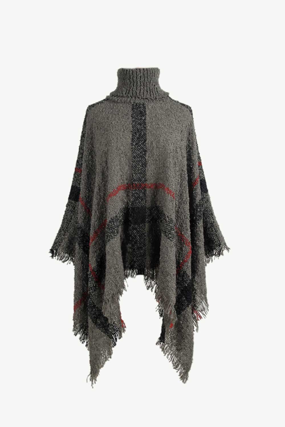 Plaid Turtleneck Raw Hem Poncho Charcoal One Size - Fashorio