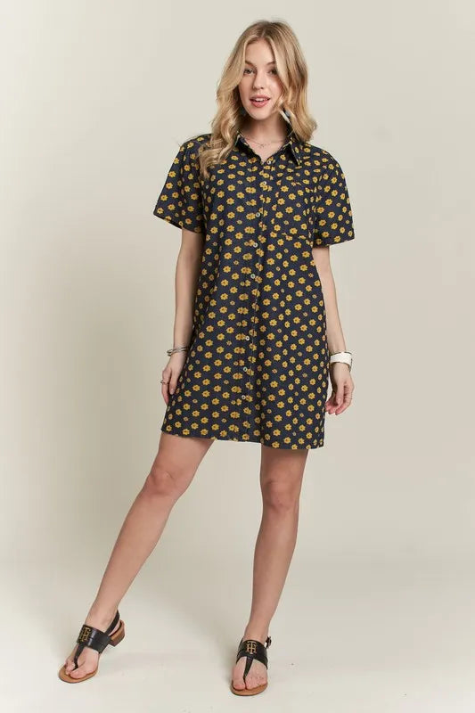 Floral Button Up Mini Denim Dress styled look