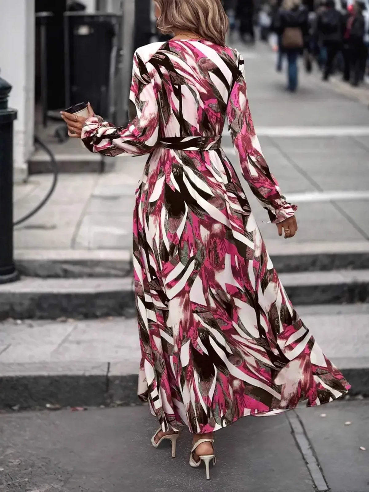 Printed surplice long sleeve maxi dress, waist detail
