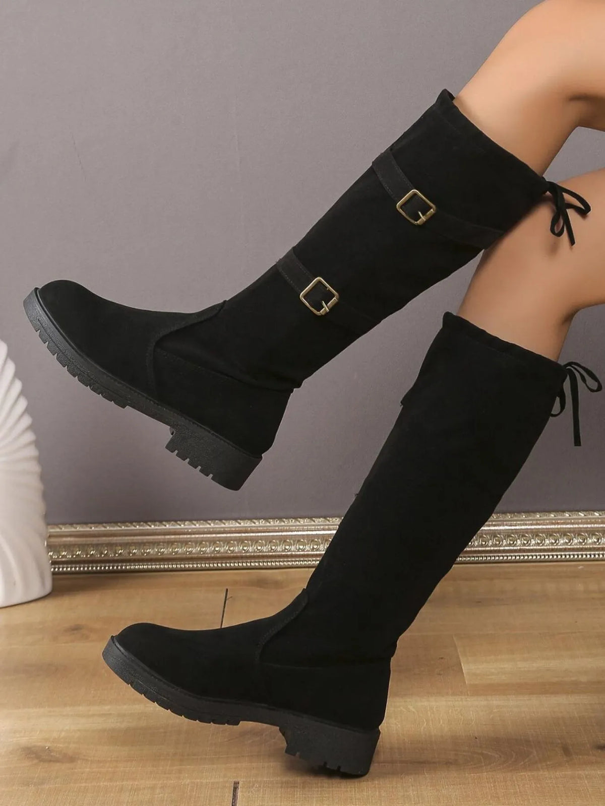 black black suede knee high combat boots heel and sole detail