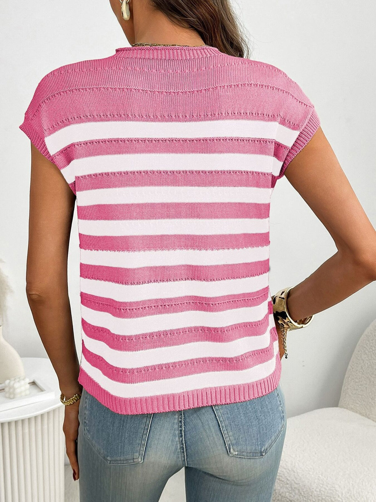 Striped cap sleeve knit sweater detail shot
