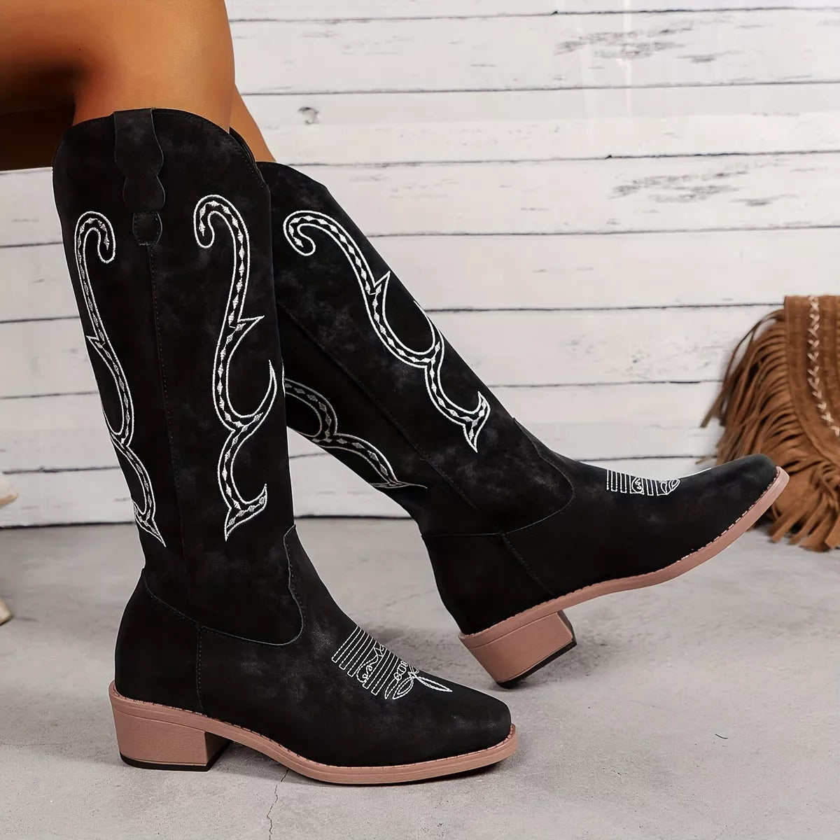 Embroidered round toe block heel boots side profile