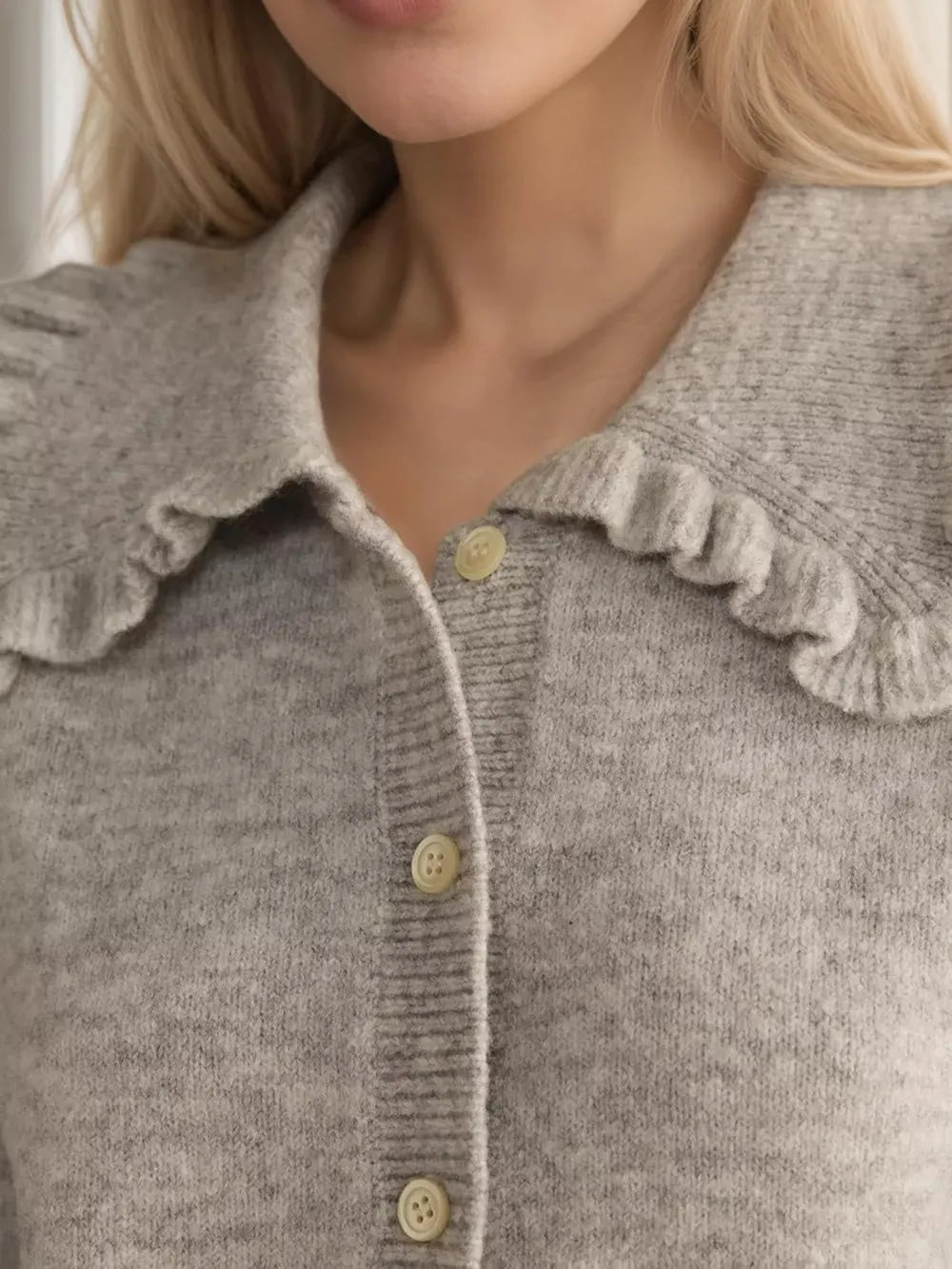 Frill Button Up Collared Neck Long Sleeve Cardigan - Fashorio