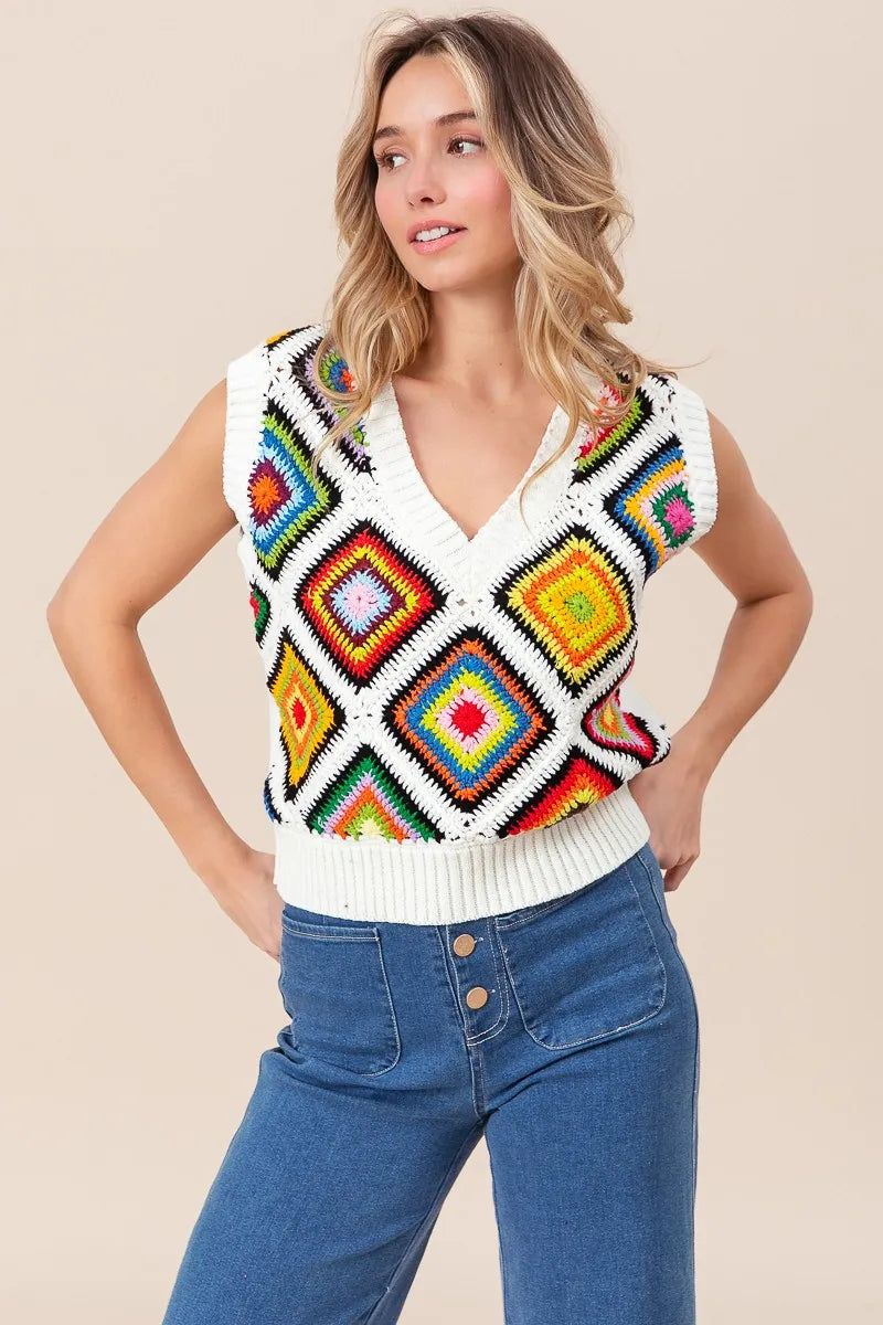 BiBi Diamond Granny Square Sweater Vest - Fashorio