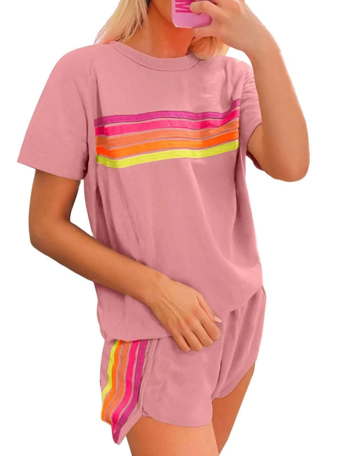 Rainbow Striped Round Neck Top and Shorts Set, view 17