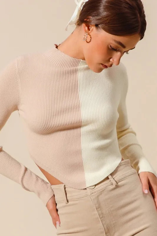 Color Block Fitted Cropped Sweater Top in Taupe and Ivory view 12