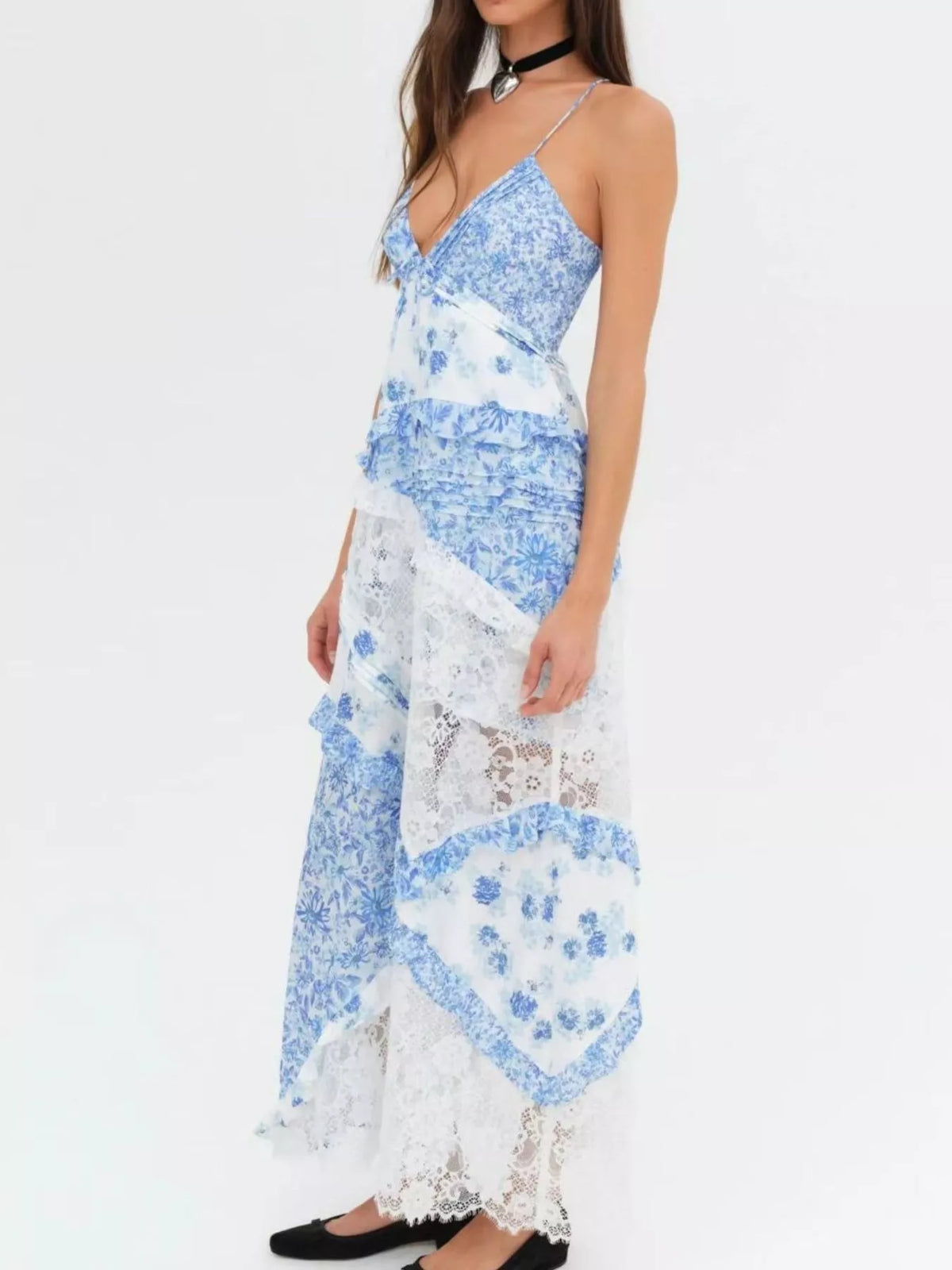 Lace detail ruffled floral v neck maxi dress, hemline detail
