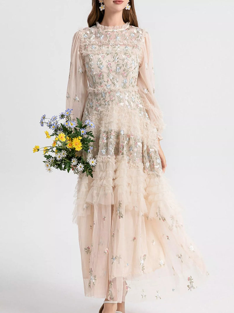 Apricot floral tulle layered maxi dress front view