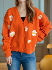 Daisy Button Up V-Neck Cardigan Orange One Size - Fashorio