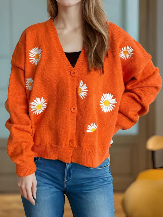 Daisy Button Up V-Neck Cardigan Orange One Size - Fashorio