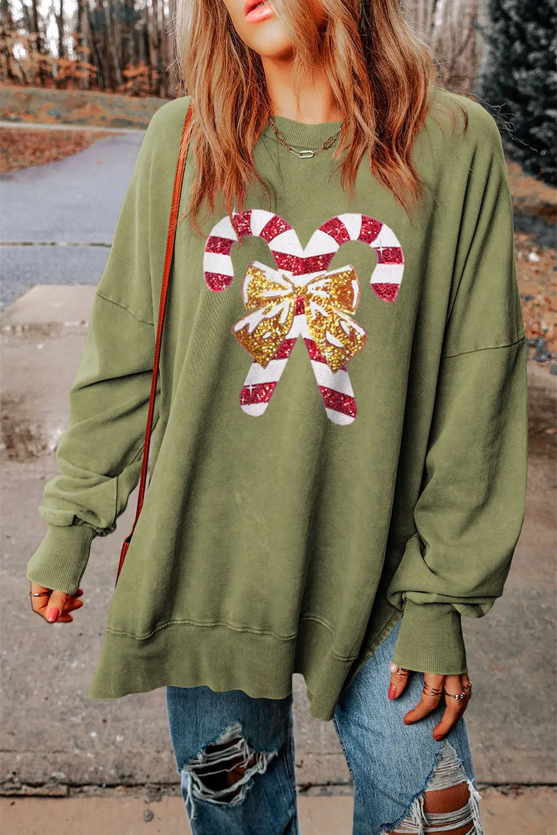Sequin candy cane slit sweatshirt front view