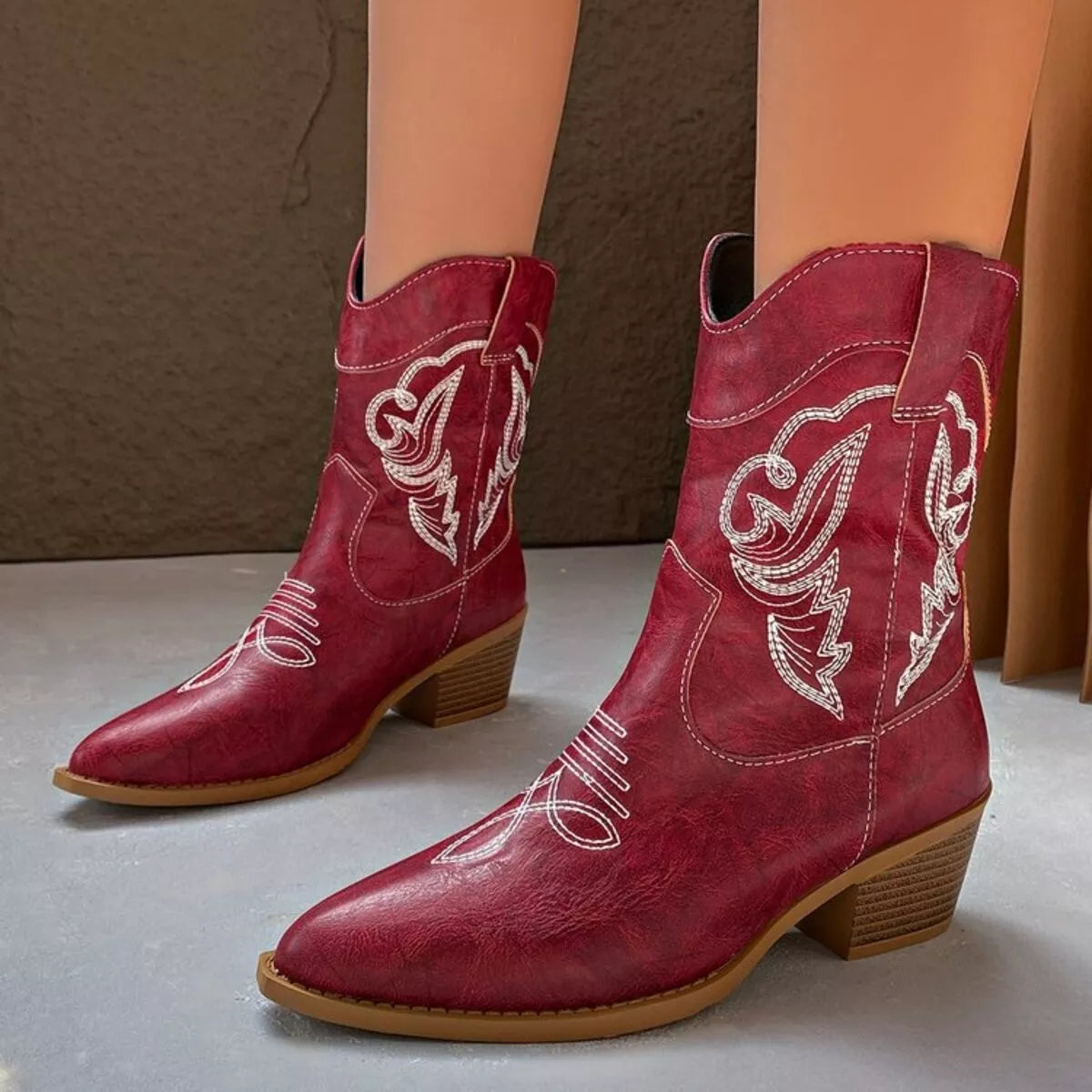 Western Cowboy Boots with Embroidered Design in brown