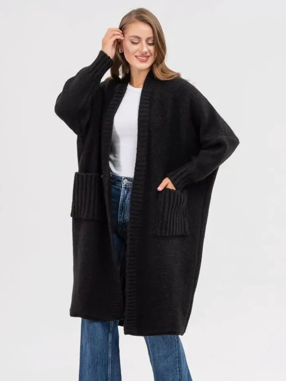Pocketed Open Front Long Sleeve Longline Cardigan Black One Size - Fashorio