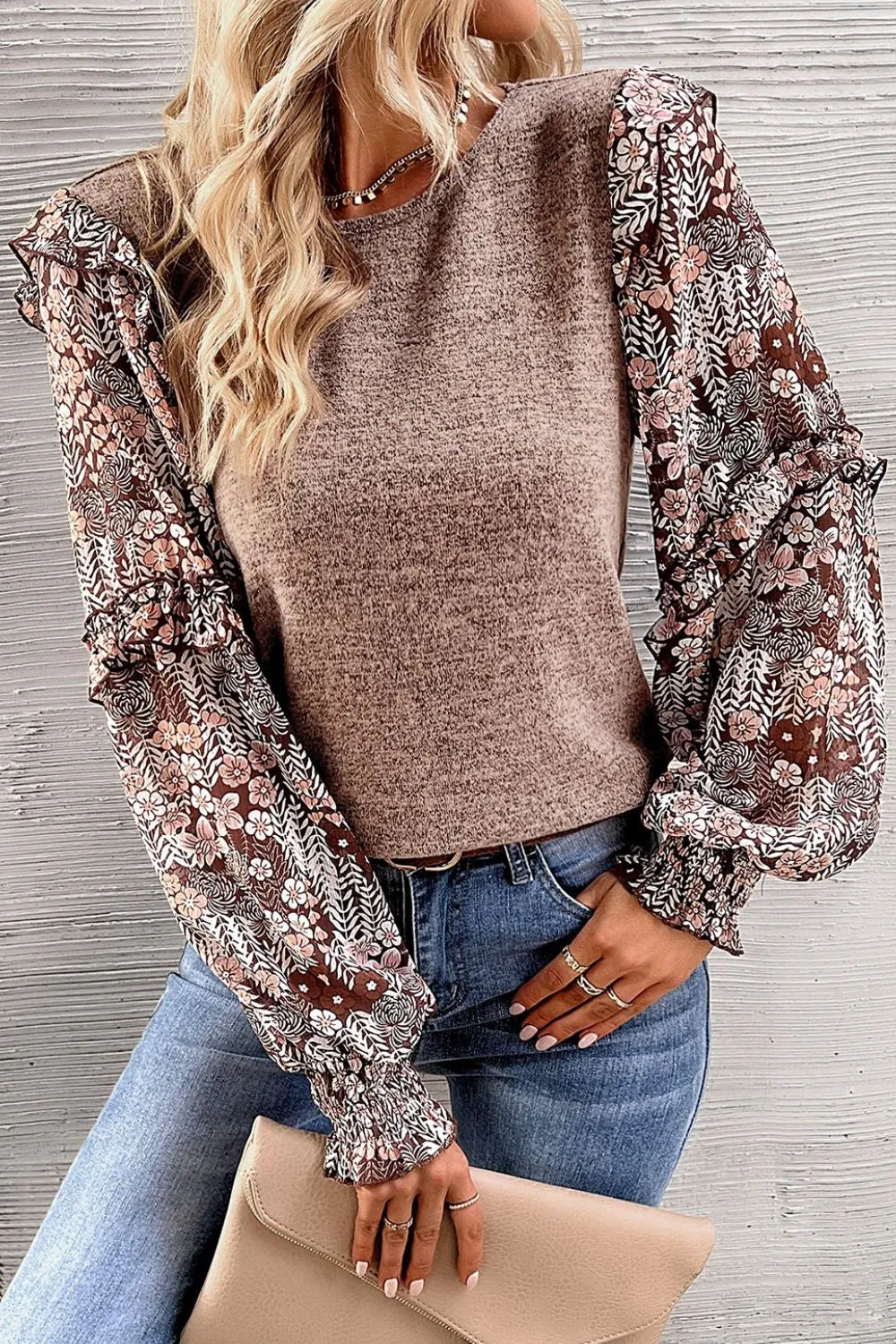 Heathered Floral Frill Lantern Sleeve Blouse Khaki - Fashorio