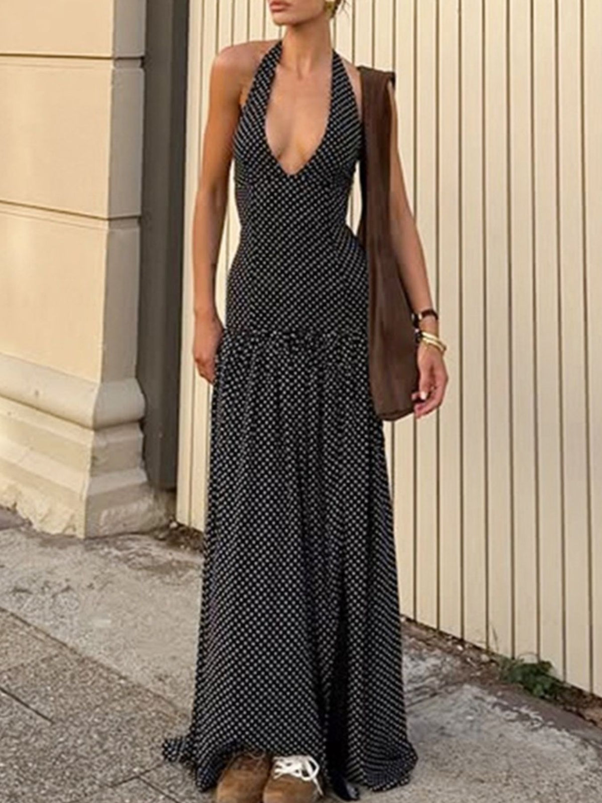 Polka Dot Halter Neck Maxi Dress front view