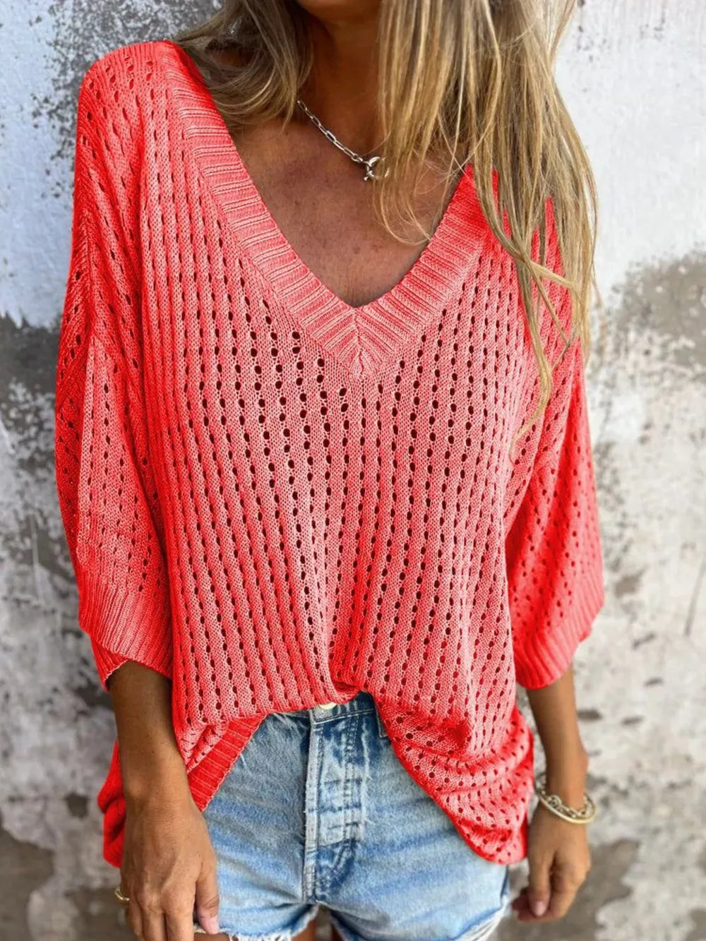 Openwork v neck knit cover up back view