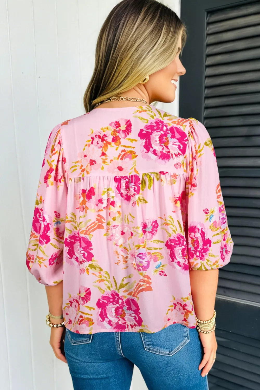Dusty pink floral tie neck blouse back view