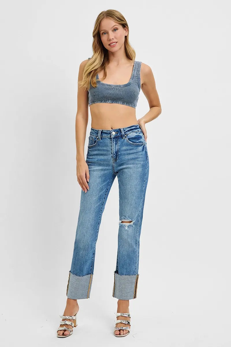 Model wearing RISEN high rise cuffed jeans styled outfit