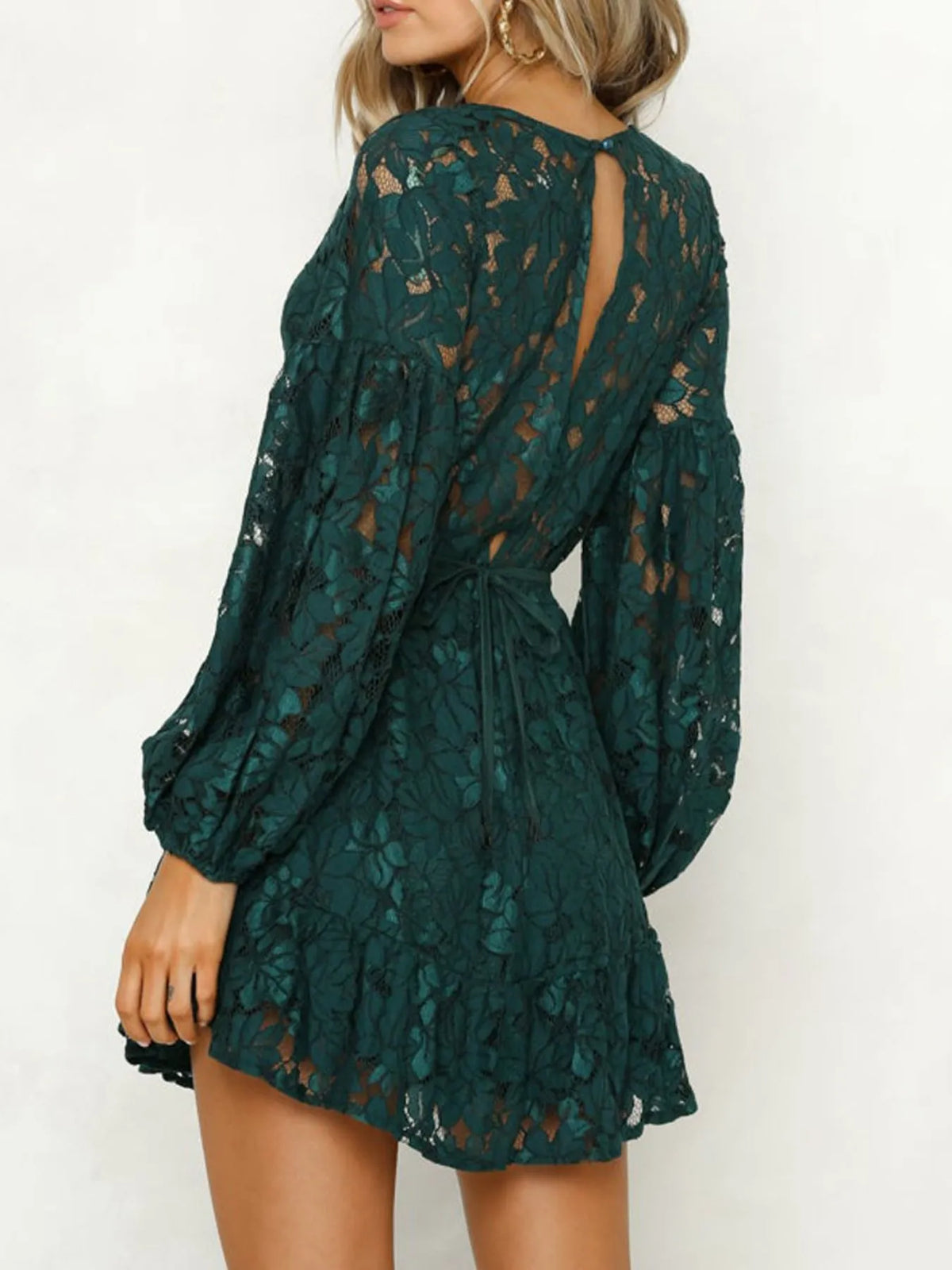 V neck lace mini dress full length back