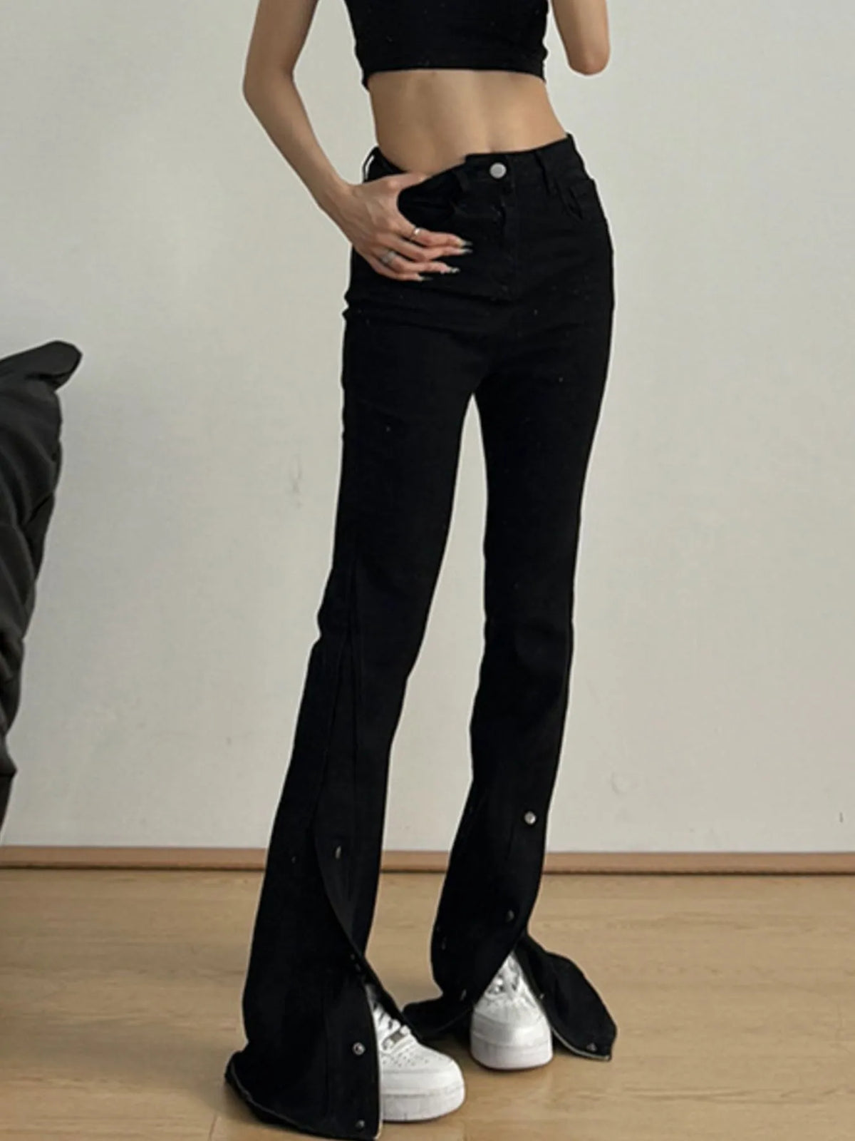 Slit flare jeans on model full length