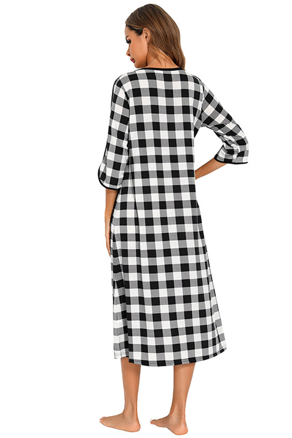 Round Neck Three-Quarter Sleeve Midi Night Dress - Fashorio