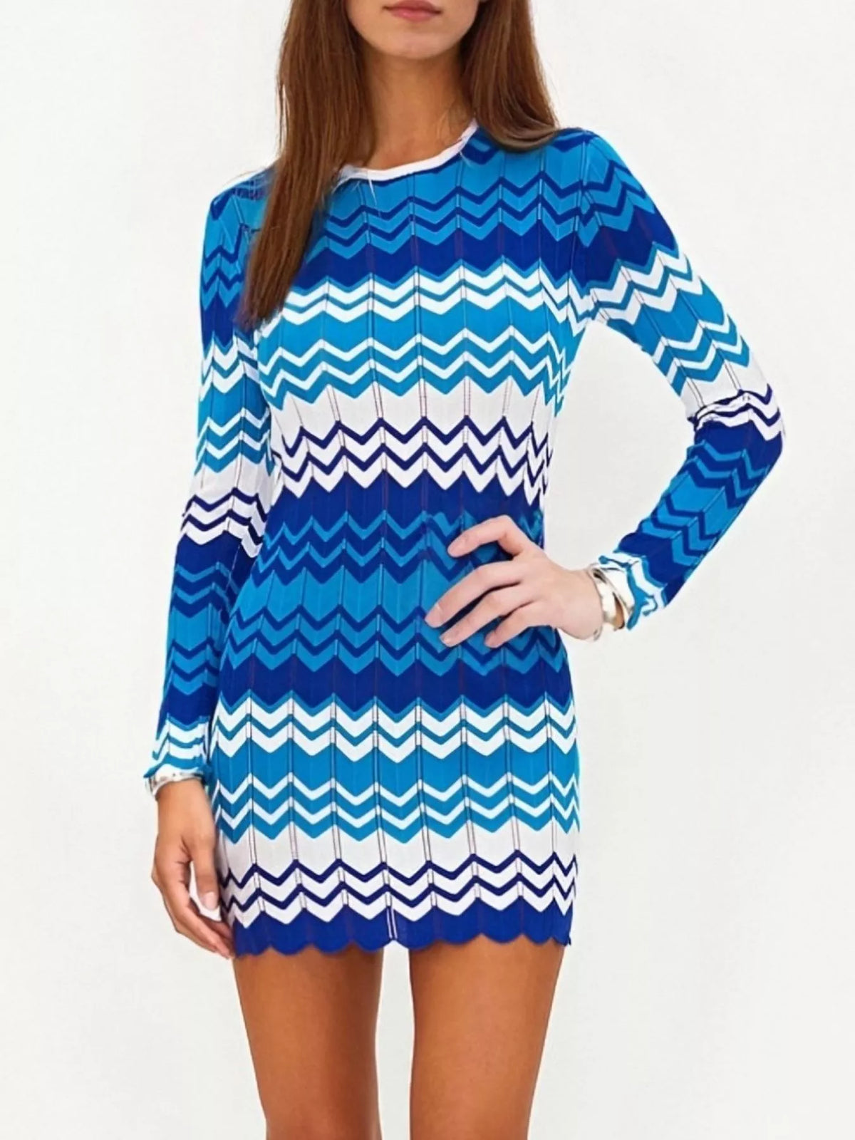 openwork wave pattern knit sweater dress sleeve and cuff detail
