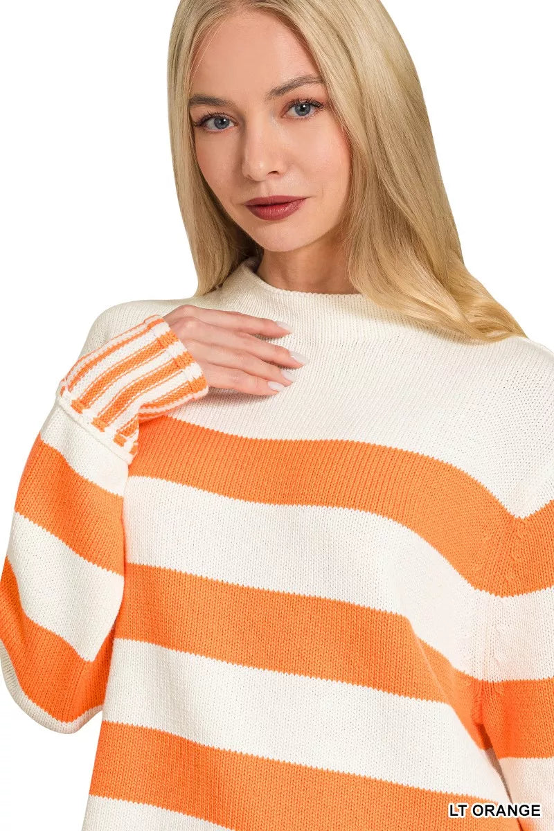 Ribbed Striped Mock Neck Sweater in Orange on model