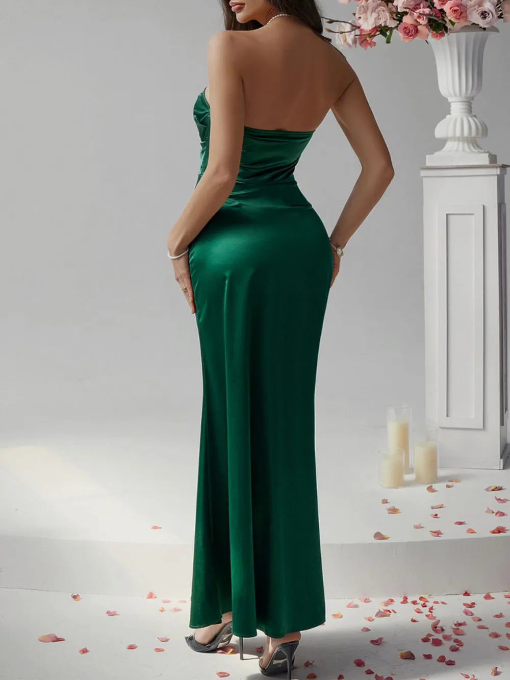 Ruched strapless tube maxi dress, walking shot