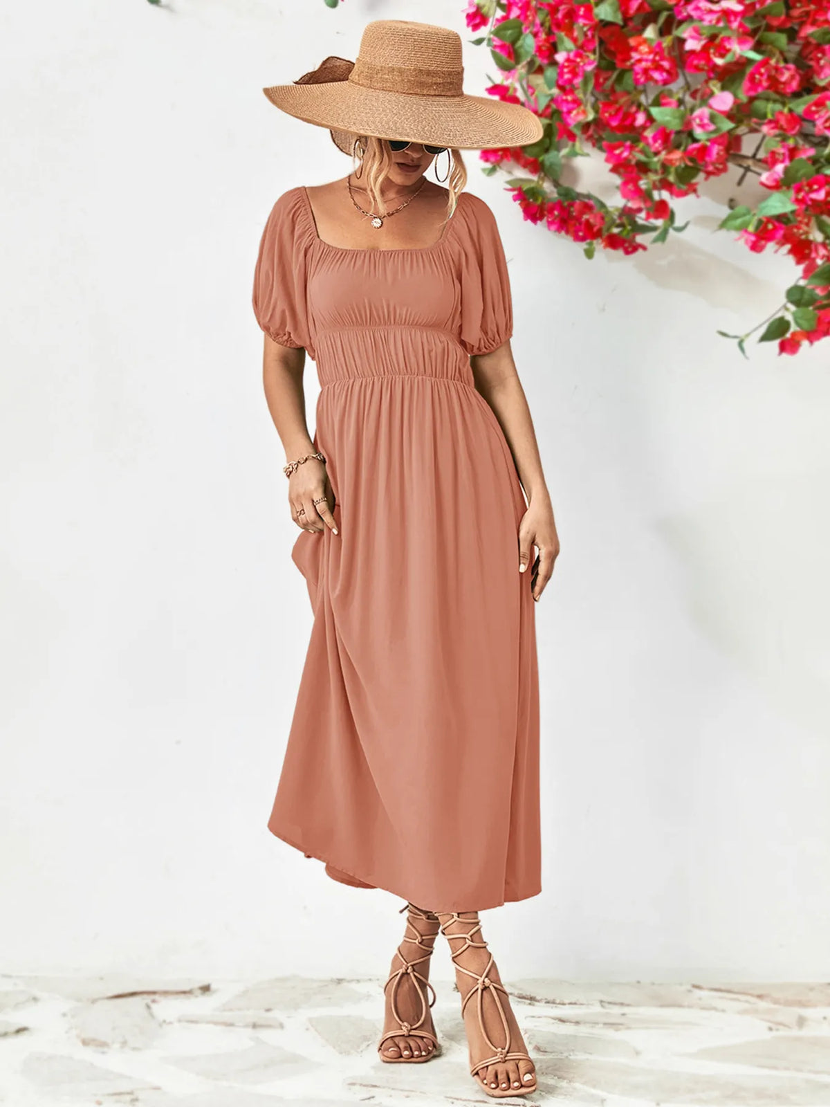 Off shoulder puff sleeve smocked maxi dress, sleeve and shoulder detail