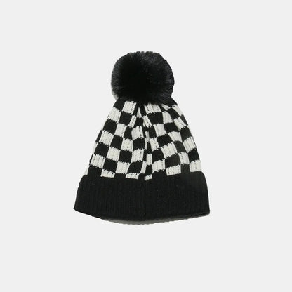 Checkered Knit Hat with Pompom - Fashorio