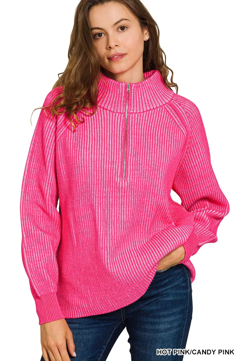Ribbed Two Tone Half Zip Sweater in Hot Pink back view
